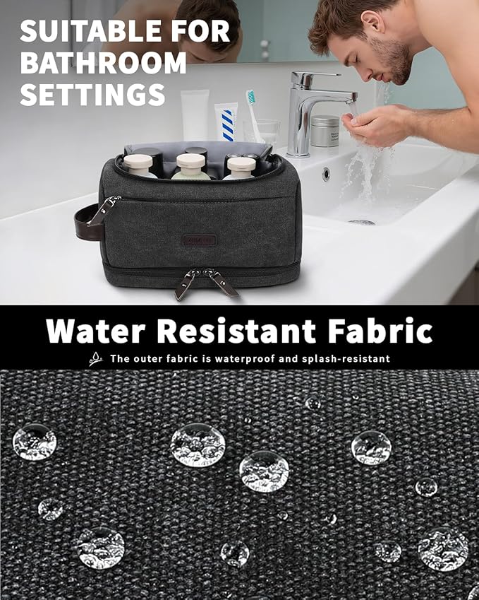 ZOMFELT Toiletry Bag for Men, Dual Layers Canvas Travel Toiletries Bag, Water-Resistant Travel Organizer with Elastic, Large Capacity Dopp Kit, Hanging Shaving Hygiene Bag, Black