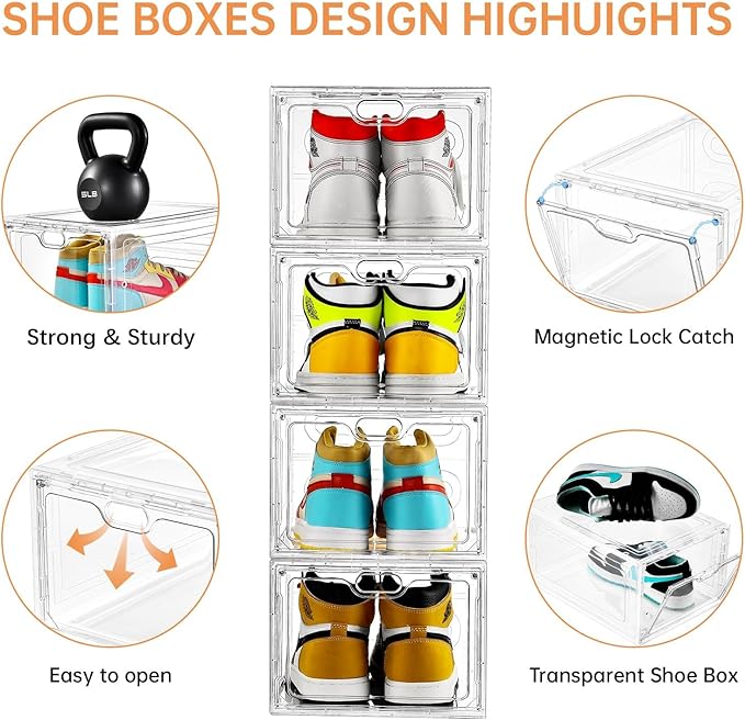 12 Pack Large Shoe Storage Box, Clear Shoe Storage Organizer with Magnetic Door, Stackable,Shoe Containers For Display Sneakers, Easy Assembly, Fit up to US Size 12, Clear