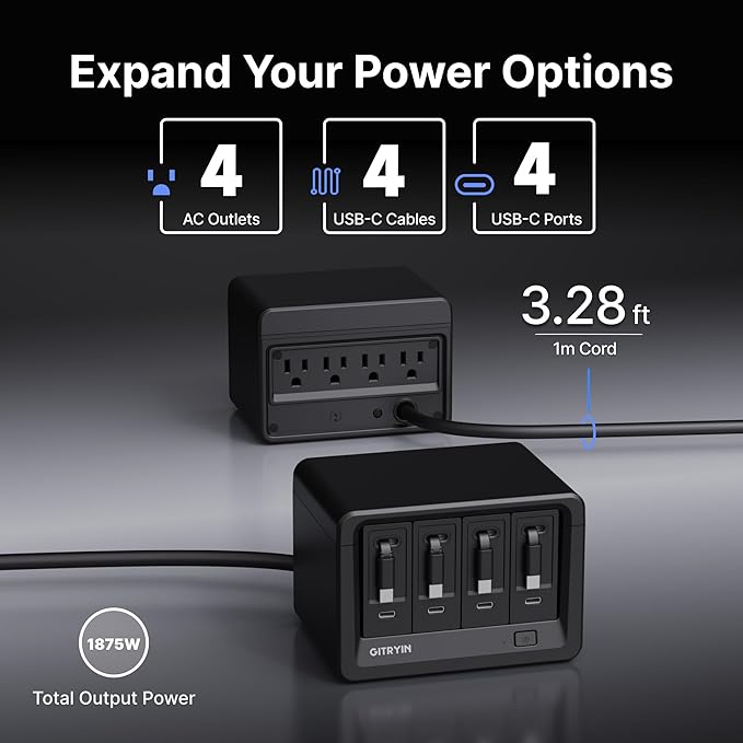 12-in-1 Desktop Charging Station with 4 Retractable Type-C Wall Chargers, 40W USB-C Power Strip with Flat Plug, Extension Cord with 1020J Surge Protection for Home Office