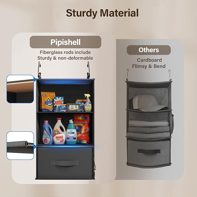 Pipishell 6-Shelf Hanging Closet Organizer, Hanging Shelves with 2 Separable 3-Tier Shelves, Closet Shelves Organizer with 3 Removable Drawers for Wardrobe, Nursery, Baby Clothes Organizer, Black