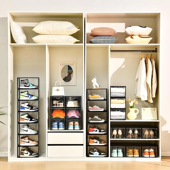 12 Pack Large Shoe Storage Box, Clear Shoe Storage Organizer with Magnetic Door, Stackable,Shoe Containers For Display Sneakers, Easy Assembly, Fit up to US Size 12, Transparent