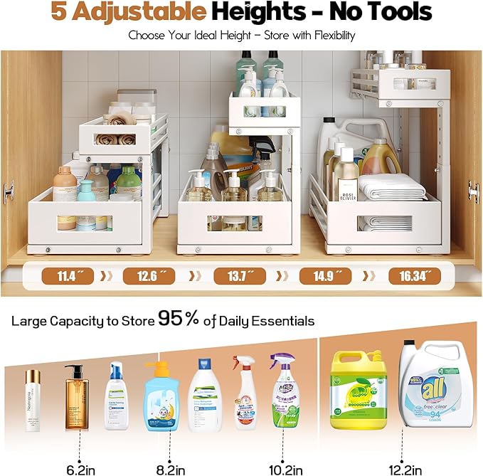 1-Pack Under Sink Organizers and Storage,2-Tier L Shape Pull Out Cabinet Organizer With Round Tube Slide Rails,Hight Adjustable Slide Out Drawers for Kitchen&Bathroom,Multi-Purpose Storage Shelf-White