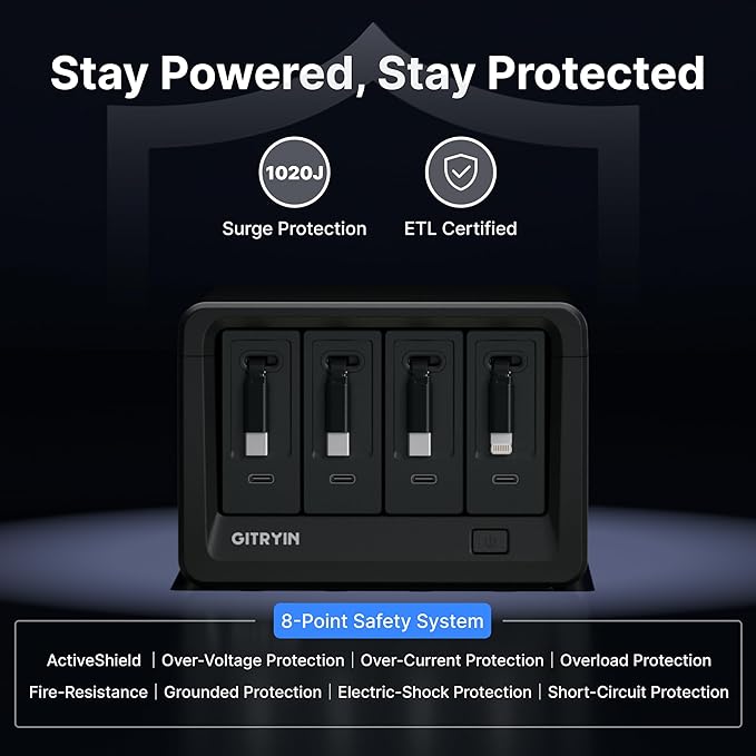 12-in-1 Desktop Charging Station with 3 Retractable Type-C Chargers and 1 Lightning Charger, 40W USB-C Power Strip with Flat Plug, Extension Cord with 1020J Surge Protection for Home Office