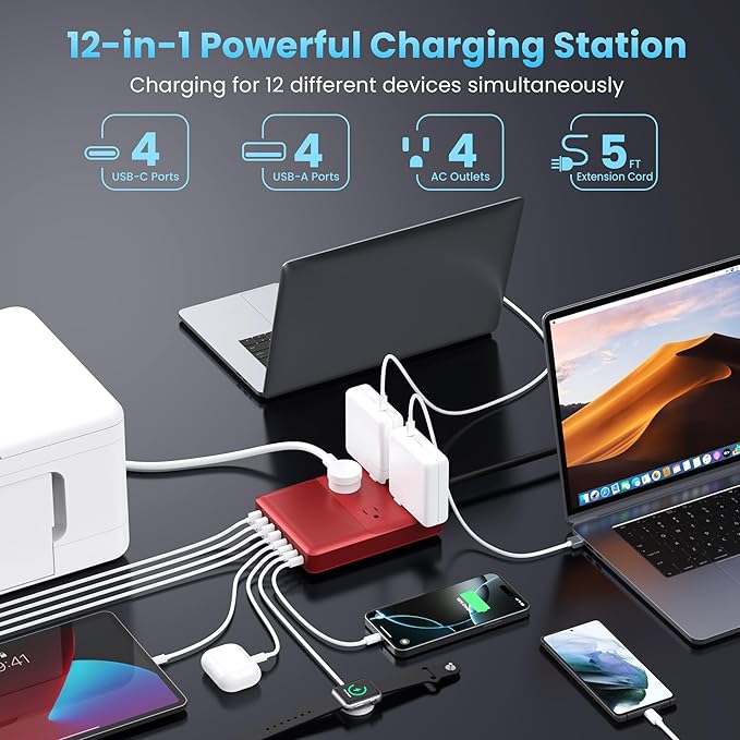 12-in-1 Charging Station USB C Power Strip with 5ft Cord,105W GaN IV USB C Charger Block,4 AC Outlets,4 USB-A,4 USB-C for MacBook,iPhone 16/15/14,Fast Charging Desktop Charger for Office (A-Red)