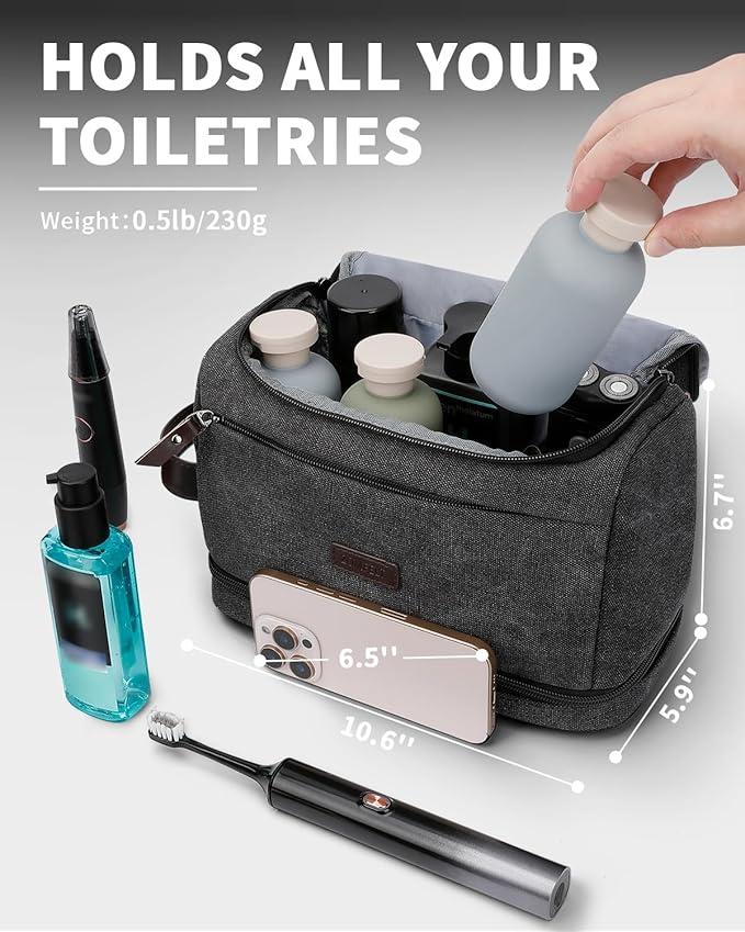 ZOMFELT Toiletry Bag for Men, Dual Layers Canvas Travel Toiletries Bag, Water-Resistant Travel Organizer with Elastic, Large Capacity Dopp Kit, Hanging Shaving Hygiene Bag, Black
