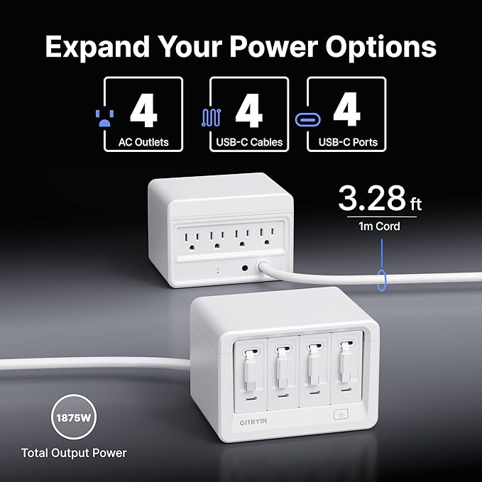 12-in-1 Desktop Charging Station with 4 Retractable Wall Chargers, 40W USB-C Power Strip with 4 AC, 4 USB C, 4 Type-C 31.5in Cables, Extension Cord with 1020J Surge Protection for Home Office
