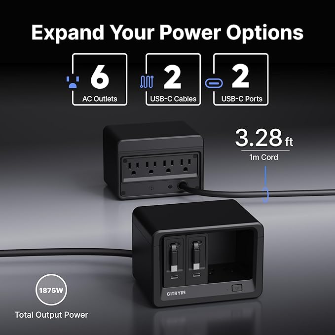 10-in-1 Desktop Charging Station with 2 Retractable Type-C Wall Chargers, 40W USB-C Power Strip with Flat Plug, Extension Cord with 1020J Surge Protection for Home Office