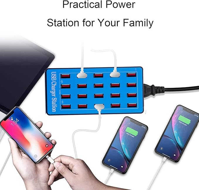 100W 20-Port Multi-Device USB Charging Station - Supports simultaneous Charging for Smartphones, Tablets, smartwatches and Other USB-Powered Devices.(20 Port Charger Station-Blue)