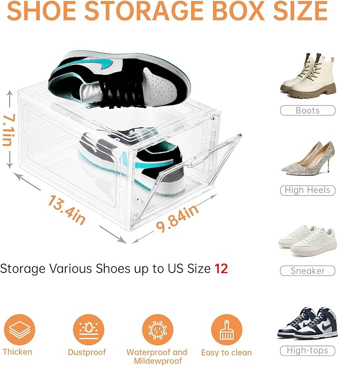 12 Pack Large Shoe Storage Box, Clear Shoe Storage Organizer with Magnetic Door, Stackable,Shoe Containers For Display Sneakers, Easy Assembly, Fit up to US Size 12, Clear