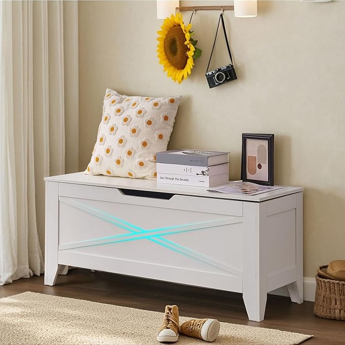 VECELO 43.3" Storage Chest with Lift Top Storage, Farmhouse Style Ottoman with Handwoven Wicker Cushion, Safety Hinges, Ideal for Entryway, Bedroom, Living Room, Ivory White