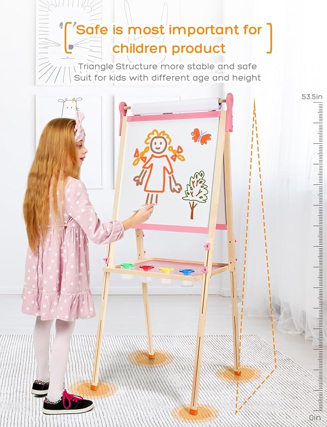 YOHOOLYO Kids Easel Wooden Children Art Easel Paper Roll,Double Sided Magnetic Whiteboard Chalkboard Dry Eraser Adjustable Height for Boys Girls Gifts