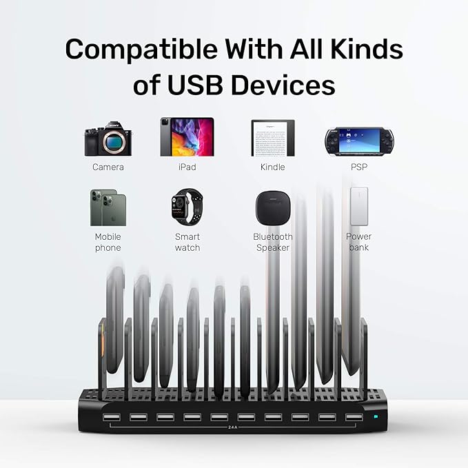 【10PCS】 Unitek Multi Charging Station, 10-Port USB Charger for Multiple Device with SmartIC Tech and Adjustable Dividers, Organizer Stand Compatible with iPad, Tablet, Kindle, iPhone - 10PCS, White