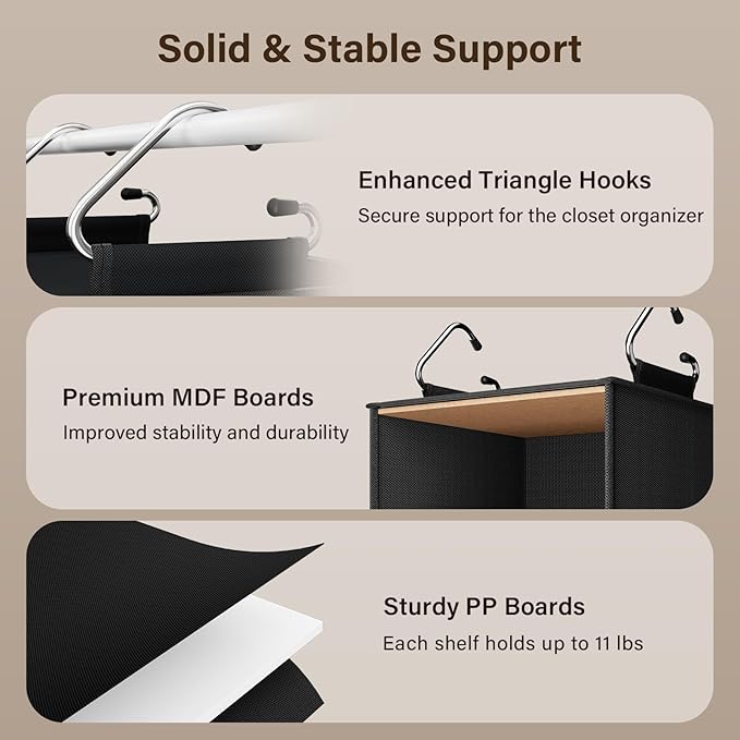 Pipishell 6-Shelf Hanging Closet Organizer, Hanging Shelves with 2 Separable 3-Tier Shelves, Closet Shelves Organizer with 3 Removable Drawers for Wardrobe, Nursery, Baby Clothes Organizer, Black