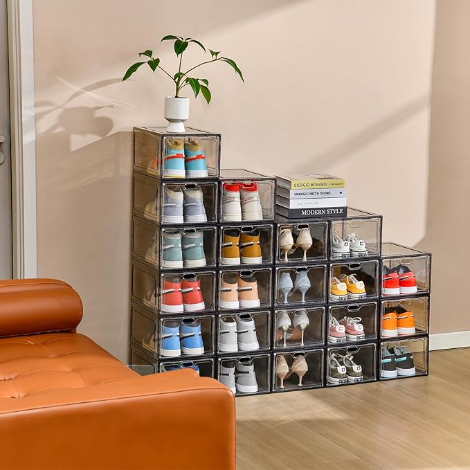 12 Pack Gray Transparent Shoe Storage Organizer, Stackable Shoe Boxes for Closet, Drop Front Plastic Shoe Box with Grey Door, Easy to Assemble, Fit up US Size 12(13.4”x 9.8”x 7.1”)