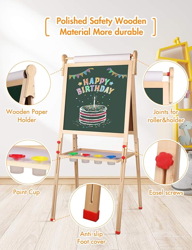 YOHOOLYO Kids Easel Wooden Children Art Easel Paper Roll,Double Sided Magnetic Whiteboard Chalkboard Dry Eraser Adjustable Height for Boys Girls Gifts