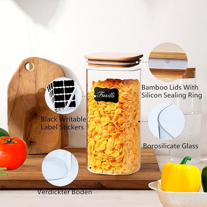 1.6 Qt Square Glass Storage Containers with Lids, Clear Food Storage Container Jar with Sealing Bamboo Lid for Noodles Flour Cereal Rice Sugar Tea Coffee Beans,Square Set of 3