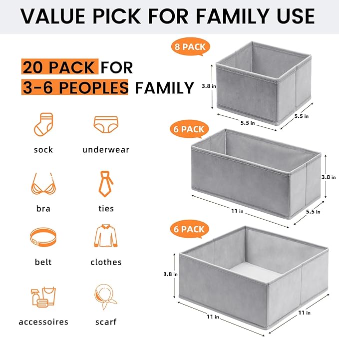 【FAMILY PACK】Drawer Organizer Clothes, 20 Pack Dresser Organizer Bins for Baby Clothes - Underwear Bra Sock Organizer - Fabric Closet Organization and Storage Dividers for Nursery Bedroom Dorm