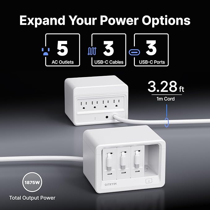 11-in-1 Desktop Charging Station with 3 Retractable Wall Chargers, 40W USB-C Power Strip with 5 AC, 3 USB C, 3 Type-C 31.5in Cables, Extension Cord with 1020J Surge Protection for Home Office