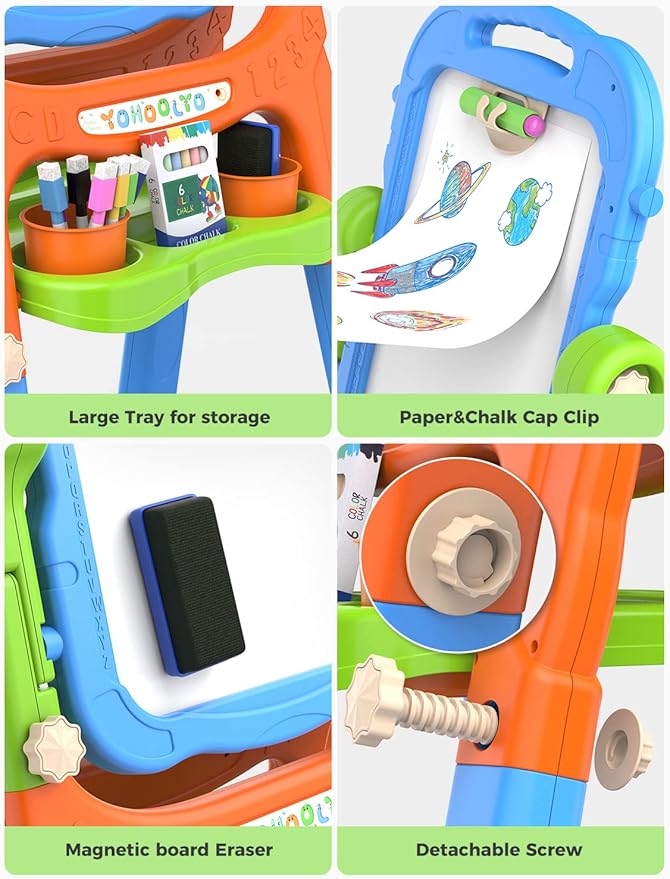 YOHOOLYO Kids Easel Standing Art Easel for Kids, Double Sided Children Pink Purple Easel Magnetic Chalkboard Whiteboard Dry Eraser Board Great Gift for Girls (Blue)