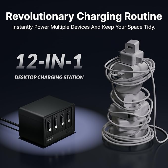 12-in-1 Desktop Charging Station with 4 Retractable Type-C Wall Chargers, 40W USB-C Power Strip with Flat Plug, Extension Cord with 1020J Surge Protection for Home Office