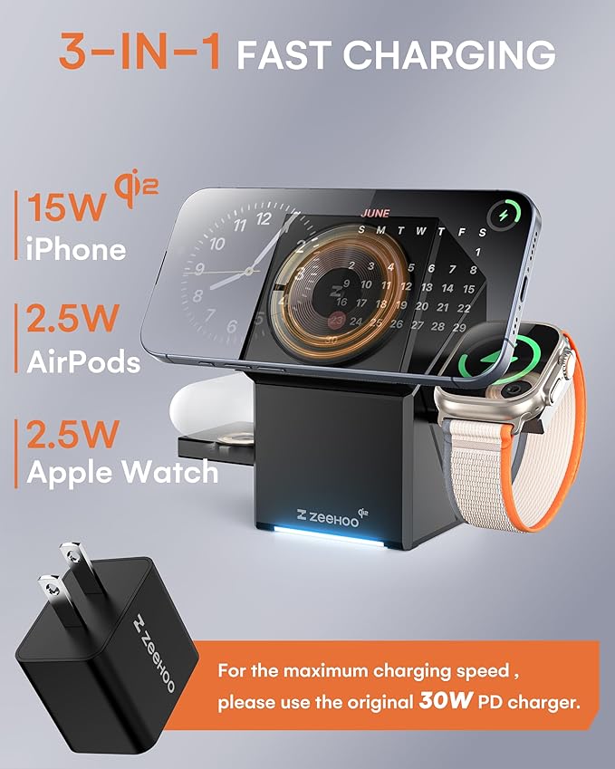 ZEEHOO iPhone Charging Station, 3 in 1 Charging Station for Apple MagSafe Charger, Qi2 Certified, 15W Fast Wireless Charger, for Apple Watch, for iPhone16 15,14,13,12 Series, AirPods (Black)