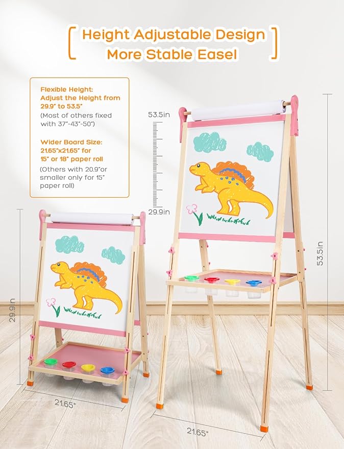YOHOOLYO Kids Easel Wooden Children Art Easel Paper Roll,Double Sided Magnetic Whiteboard Chalkboard Dry Eraser Adjustable Height for Boys Girls Gifts