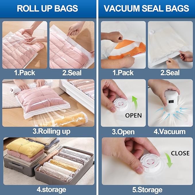 ZXA Vacuum Storage Bag with Electric Air Pump, 20 Pack (4 Jumbo, 4 Large, 4 Medium, 4 Small, 4 Roll Up Bags) Vacuum Seal Bags for Clothing, Pillows, Blanket, Duvets, Comforters, Travel