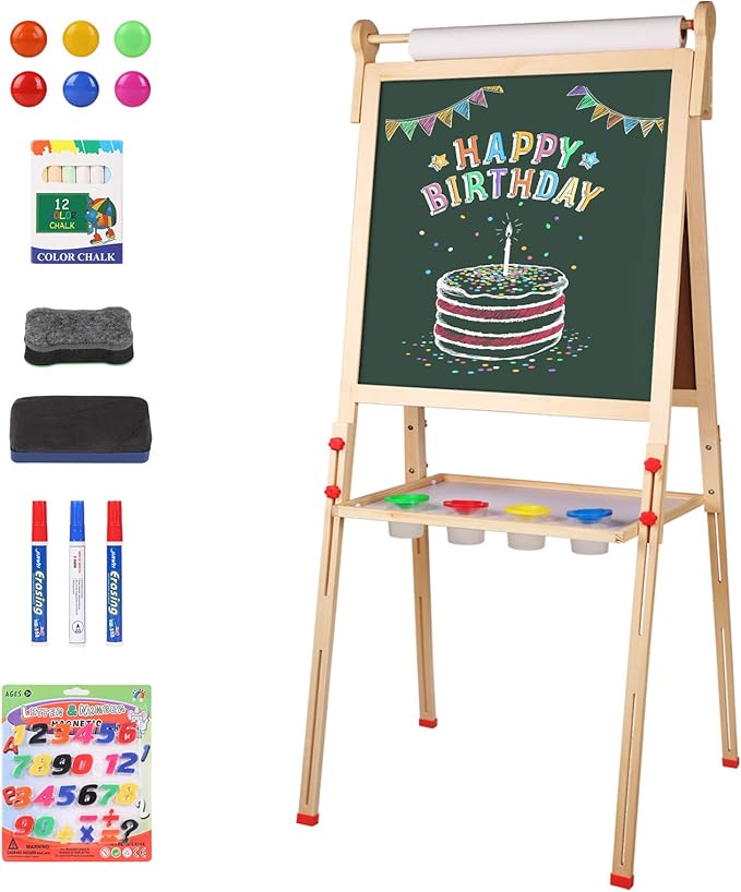 YOHOOLYO Kids Easel Wooden Children Art Easel Paper Roll,Double Sided Magnetic Whiteboard Chalkboard Dry Eraser Adjustable Height for Boys Girls Gifts