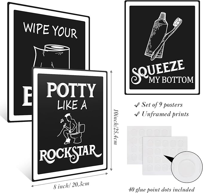 Zonon 9 Pieces Bathroom Wall Decor, Funny Vintage Bathroom Signs Washroom Quotes Sayings Art Prints Washroom Posters for Wall Restroom Toilet Decoration Pictures, Unframed(White Font)