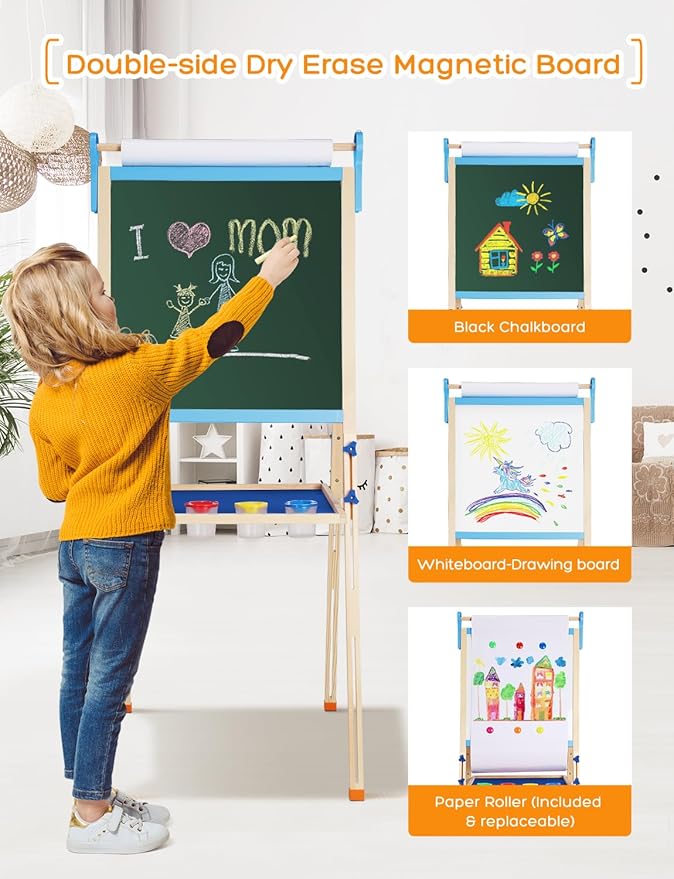 YOHOOLYO Kids Easel Wooden Children Art Easel Paper Roll,Double Sided Magnetic Whiteboard Chalkboard Dry Eraser Adjustable Height for Boys Girls Gifts