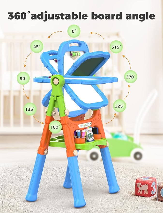 YOHOOLYO Kids Easel Standing Art Easel for Kids, Double Sided Children Pink Purple Easel Magnetic Chalkboard Whiteboard Dry Eraser Board Great Gift for Girls (Blue)