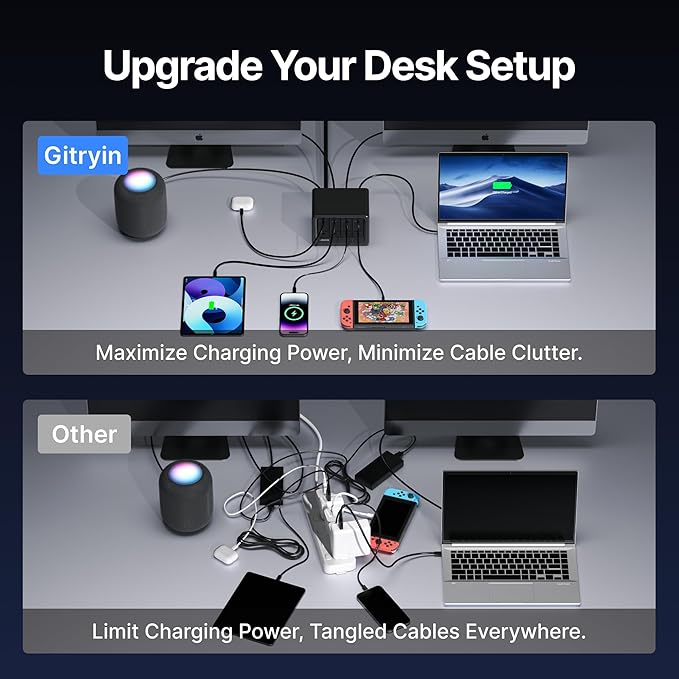 12-in-1 Desktop Charging Station with 4 Retractable Type-C Wall Chargers, 40W USB-C Power Strip with Flat Plug, Extension Cord with 1020J Surge Protection for Home Office