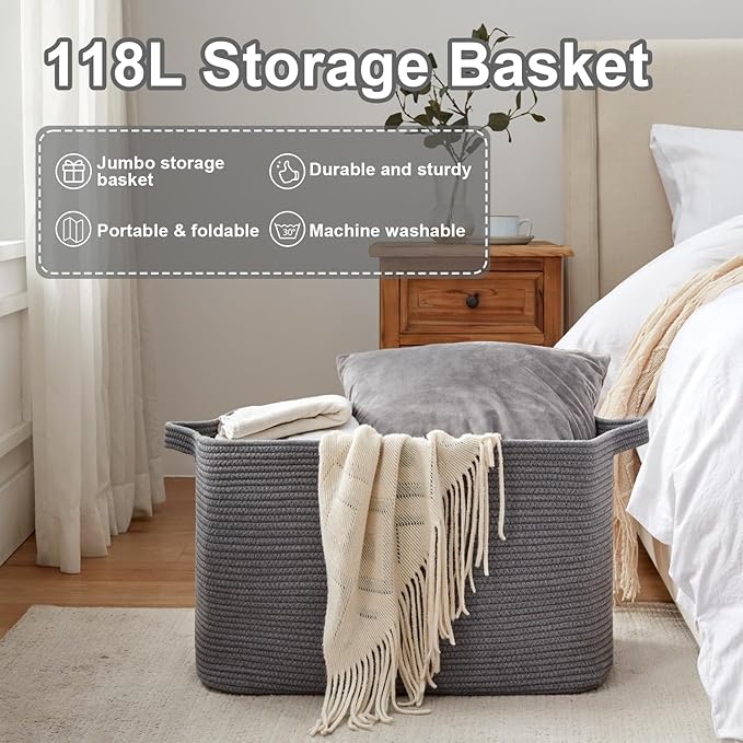 118L Extra Large Blanket Basket, 24.8" x 17.7" x 17.2" Woven Storage Basket for Living Room, Rectangle Nursery Blanket Storage for Toys, Towels, Dirty Clothes (Grey)