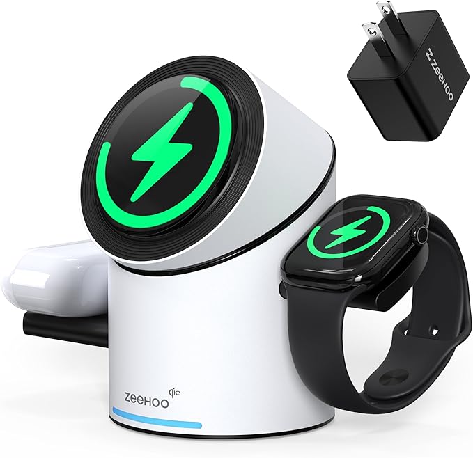 ZEEHOO 3 in 1 Charging Station for Apple Devices, Mag-Safe Charger Stand, Qi2 15W Auto-Rotating Wireless Charger for iPhone 16/15/14/13/12 Series& AirPods& iWatch(White)