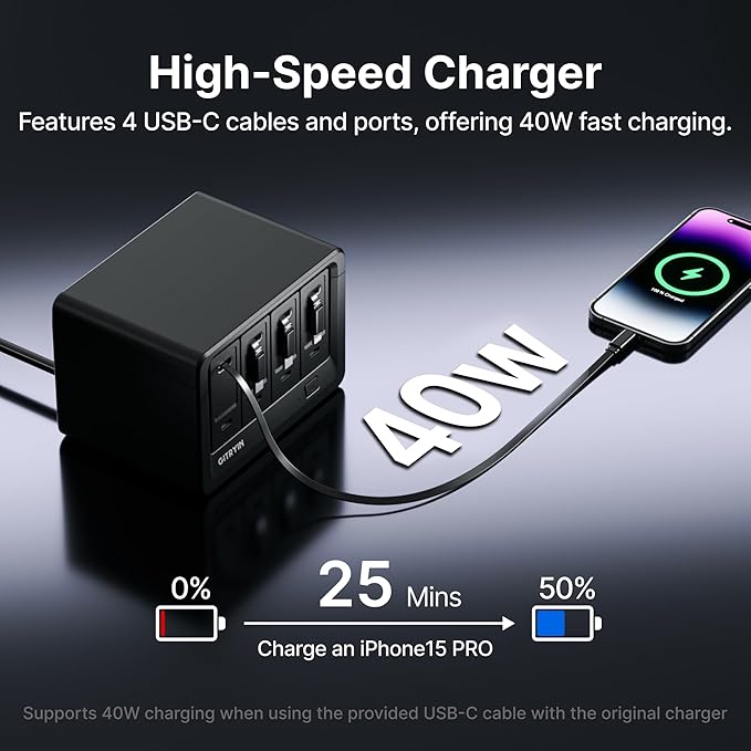 12-in-1 Desktop Charging Station with 3 Retractable Type-C Chargers and 1 Lightning Charger, 40W USB-C Power Strip with Flat Plug, Extension Cord with 1020J Surge Protection for Home Office