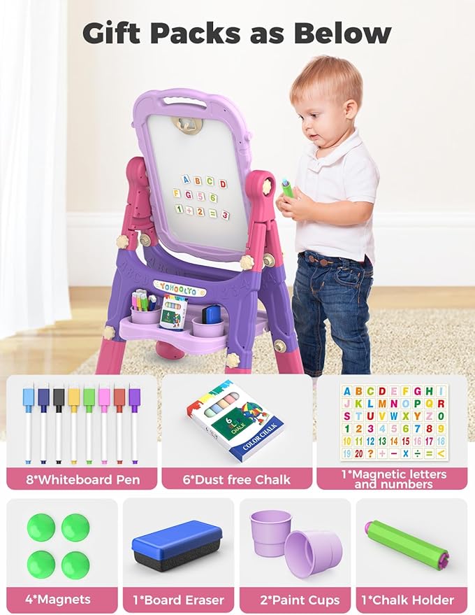 YOHOOLYO Kids Easel Standing Art Easel for Kids, Double Sided Children Pink Purple Easel Magnetic Chalkboard Whiteboard Dry Eraser Board Great Gift for Girls