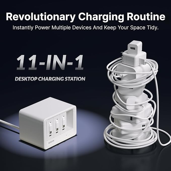 11-in-1 Desktop Charging Station with 3 Retractable Wall Chargers, 40W USB-C Power Strip with 5 AC, 3 USB C, 3 Type-C 31.5in Cables, Extension Cord with 1020J Surge Protection for Home Office