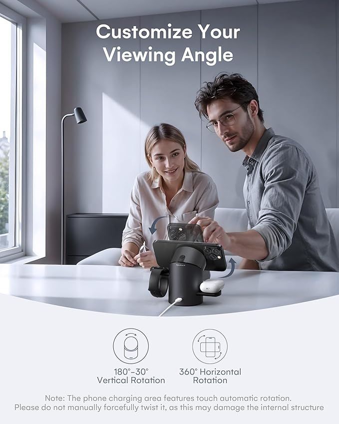 ZEEHOO 3 in 1 Charging Station for Apple Devices, Mag-Safe Charger Stand, Qi2 15W Auto-Rotating Wireless Charger for iPhone 16/15/14/13/12 Series& AirPods& iWatch(Black)