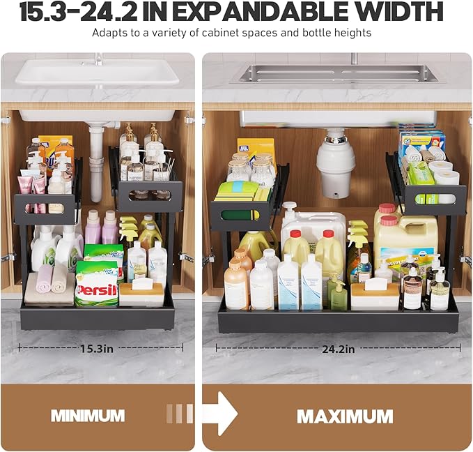 1 Pack Expandable Under Sink Organizers And Storage With Upgrade Ball-Bearing Slide Tracks,2-Tier Pull Out Under Cabinet Organizer Height Adjustable,Slide Out Under Sink Drawers-Black(Patent Pending)