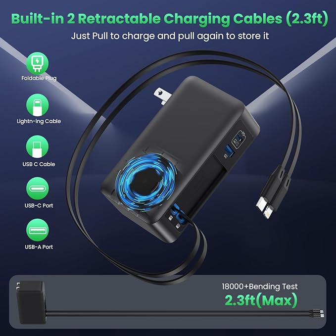 120W USB C Charger Block with 2 Built-in Retractable Cables,4-in-1 GaN IV Foldable Plug Wall Charger Fast Charging Station,PD 65W Laptop Adapter for MacBook/iPad,iPhone 16/15/14,Android (Black)