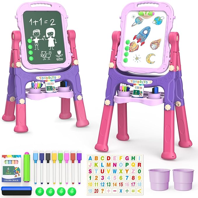 YOHOOLYO Kids Easel Standing Art Easel for Kids, Double Sided Children Pink Purple Easel Magnetic Chalkboard Whiteboard Dry Eraser Board Great Gift for Girls