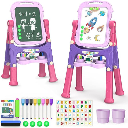 YOHOOLYO Kids Easel Standing Art Easel for Kids, Double Sided Children Pink Purple Easel Magnetic Chalkboard Whiteboard Dry Eraser Board Great Gift for Girls