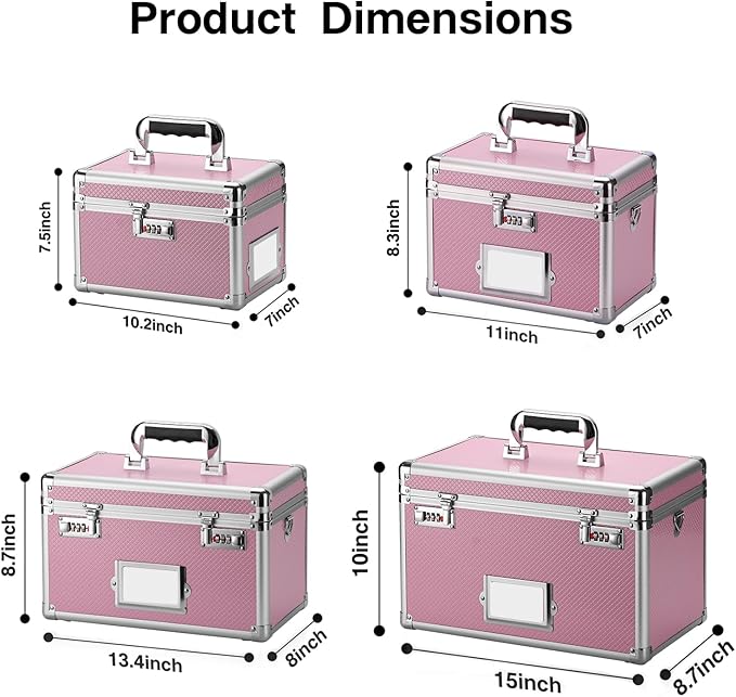 11 x 7 x 8.3 Inch Lockable Storage Box with Combination Lock, Portable Safe for Documents, Medicine, Cash & Valuables, Medicine Lock Box with Label Slot for Home, Office & Travel - Pink