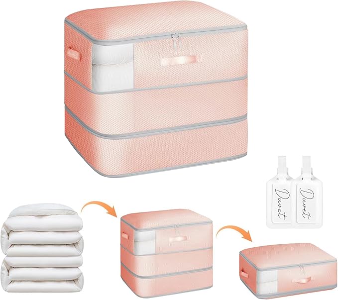 1 Pack Compression Storage Bags - 110L Large Capacity Comforter Storage Bag, 3-Layer Washable Ultra Space Saving Self Compression Organizer Space Bags for Blankets, Sweaters, Sheets, Pink