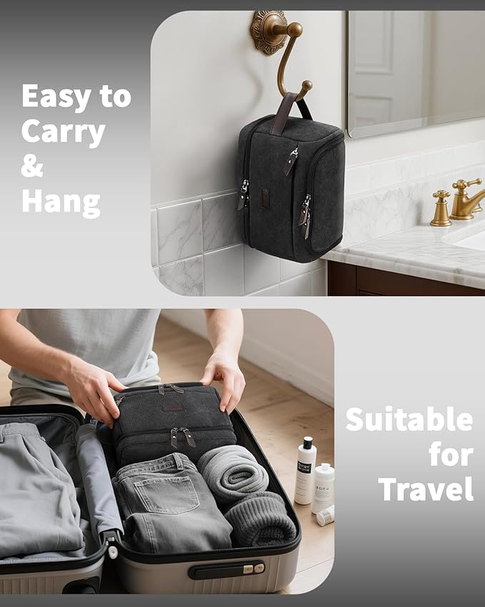 ZOMFELT Toiletry Bag for Men, Dual Layers Canvas Travel Toiletries Bag, Water-Resistant Travel Organizer with Elastic, Large Capacity Dopp Kit, Hanging Shaving Hygiene Bag, Black