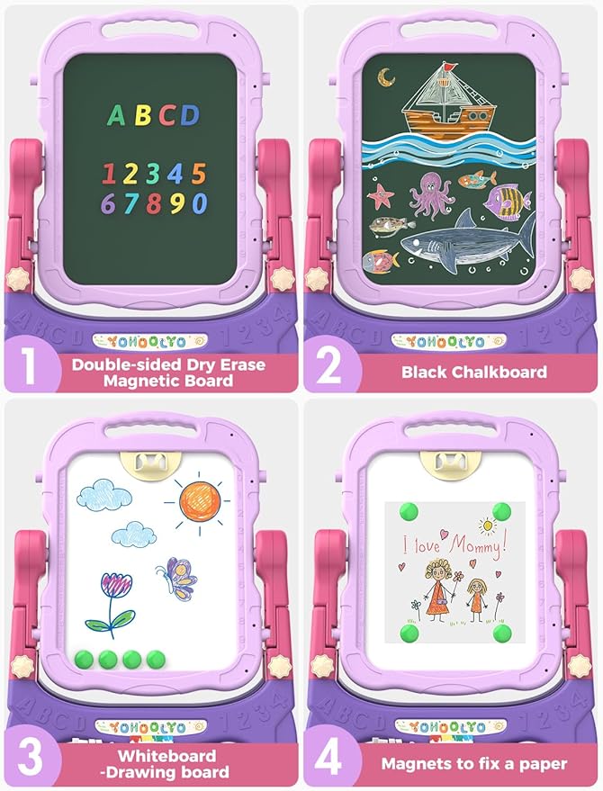 YOHOOLYO Kids Easel Standing Art Easel for Kids, Double Sided Children Pink Purple Easel Magnetic Chalkboard Whiteboard Dry Eraser Board Great Gift for Girls