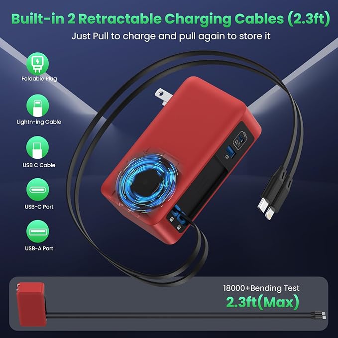 120W USB C Charger Block with 2 Built-in Retractable Cables,4-in-1 GaN IV Foldable Plug Wall Charger Fast Charging Station,PD 65W Laptop Adapter for MacBook/iPad,iPhone 16/15/14,Android (Red)