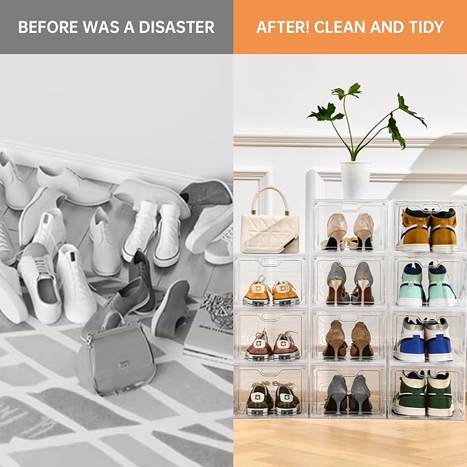 12 Pack Large Shoe Storage Box, Clear Shoe Storage Organizer with Magnetic Door, Stackable,Shoe Containers For Display Sneakers, Easy Assembly, Fit up to US Size 12, Clear