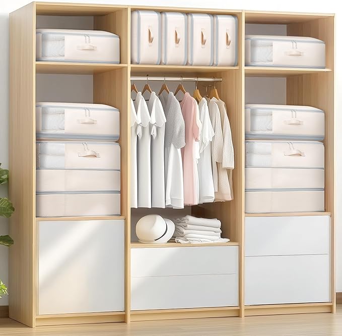 1 Pack Compression Storage Bags - 110L Large Capacity Comforter Storage Bag, 3-Layer Washable Ultra Space Saving Self Compression Organizer Space Bags for Blankets, Sweaters, Sheets, Beige