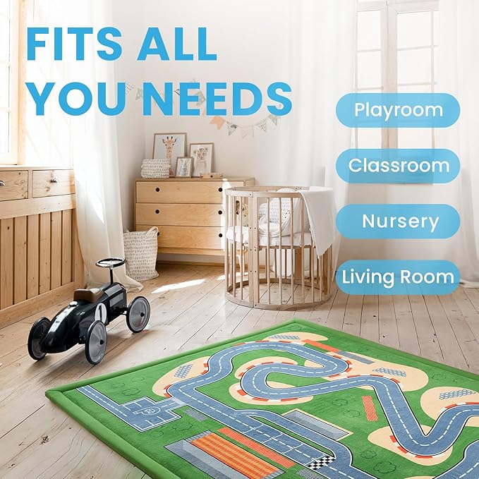 1.3" Thick Educational Baby Floor Play Mat 79x118, Basic Padded Memory Foam Kids Mat, Large Non-Slip Plush Playmat for Nursery Playroom Classroom (Race Track)